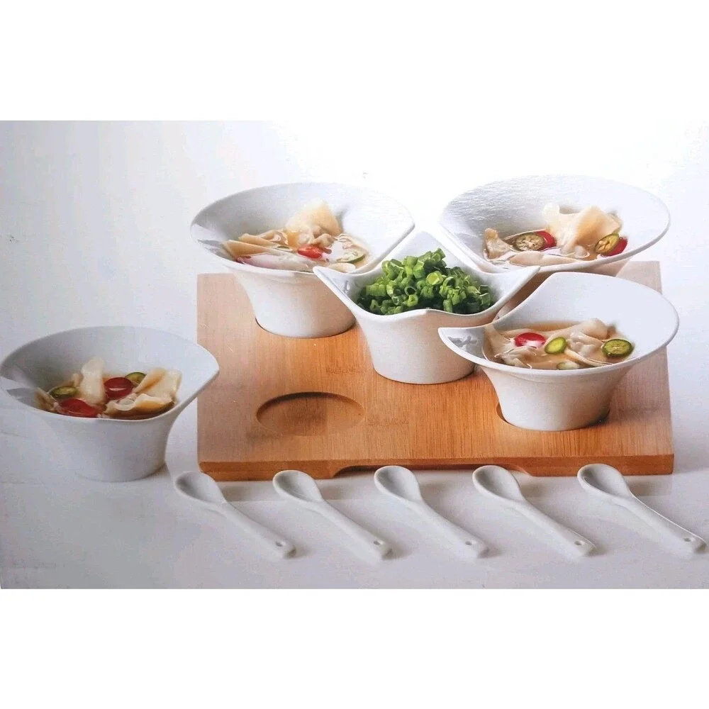 Pier 1 Imports Tasting Party Serving Bowl Set - 5 Bowls & Spoons + 1 Bamboo Tray
